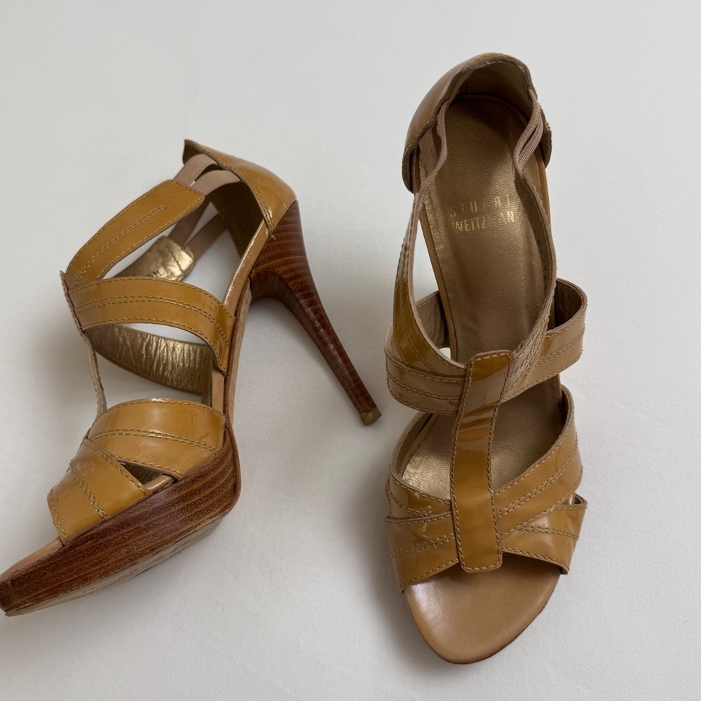 Stuart Weitzman Patent Leather Strappy Stiletto Platform Heels Size 8.5 Classic - Picture 4 of 13